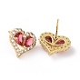 Cerise Cubic Zirconia Heart Stud Earrings, Brass Jewelry for Valentine's Day