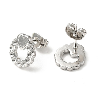 304 Stainless Steel Stud Earring Findings, Earring Settings for Rhinestone, Ring with Heart
