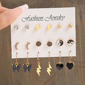 9-Piece Set of Acrylic Butterfly Earrings with Moon Lightning Tai Chi Studs