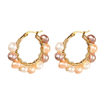 Vintage Natural Pearl Beads Earrings for Girl Women, 304 Stainless Steel Hoop Earrings, Golden