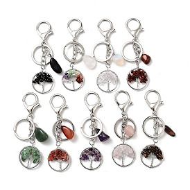 Natural Mixed Gemstone Keychain, with Platinum Plated Iron Split Key Rings, Flat Round with Tree of Life