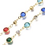 Handmade Brass Link Chains, with Faceted Glass, Rhinestone and Spool, Soldered, Long-lasting Plated, Flat Round