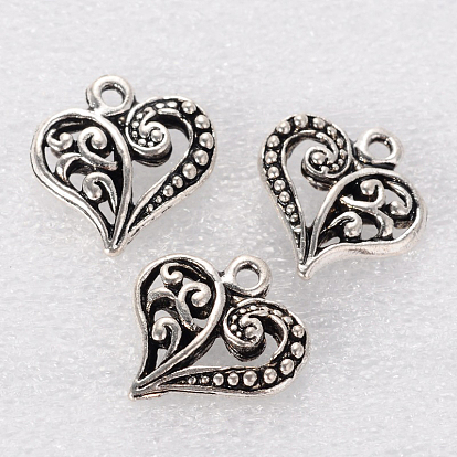 Tibetan Style Filigree Alloy Heart Charms, Cadmium Free & Lead Free, 14x13x3mm, Hole: 1.5mm, about 1100pcs/1000g
