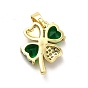 Brass Micro Pave Clear Cubic Zirconia Pendants, with Green Glass, Clover Charm