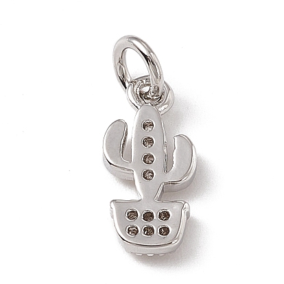 Brass Micro Pave Clear Cubic Zirconia Cactus Charms, with Open Jump Rings