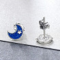 925 Sterling Silver Enamel Stud Earrings, Asymmetrical Earrings, Moon & Sun, with 925 Stamp, Real Platinum Plated