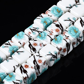 Brins de perles en céramique de porcelaine faites à la main, fleur imprimée, cube