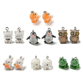 Frog/Elephant/Bees/Penguin/Owl/Rabbit/Cat Shape Flocky Resin Pendants, Cute Animal Charms with Platinum Plated Iron Loops