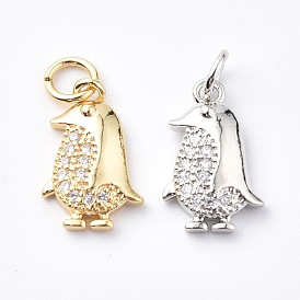 Brass Micro Pave Cubic Zirconia Charms, with Jump Ring, Penguin Charms