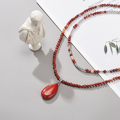 2 pcs 2 ensemble de colliers pendentif en forme de larme de jaspe rouge naturel, colliers empilables en perles d'hématite synthétique et de laiton pour femmes