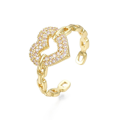 Anillo de puño abierto con corazón de circonita cúbica, anillo grueso de latón chapado en oro real 18k para mujer, sin níquel