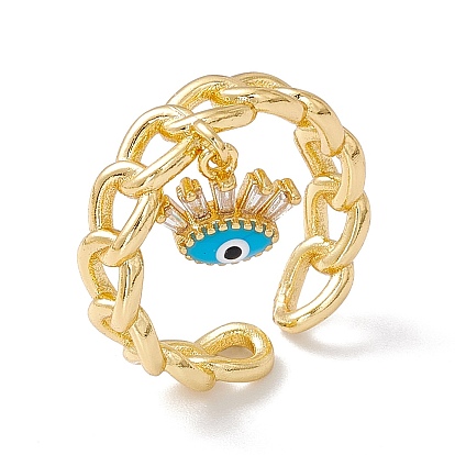 Clear Cubic Zirconia Evil Eye Charm Open Cuff Ring with Enamel, Real 18K Gold Plated Brass Jewelry for Women, Lead Free & Cadmium Free