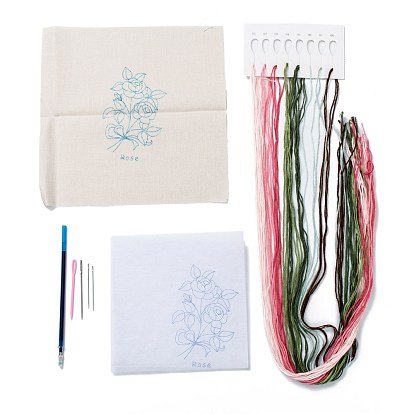 Kit de fabricación de bordado de bricolaje, incluyendo tela de lino, hilo de algodón, recambios de bolígrafo borrables con agua, aguja de hierro y plástico