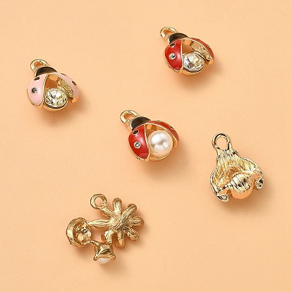 5Pcs 5 Styles Alloy Rhinestones Pendants, with Enamel and ABS Plastic Imitation Pearl Bead, Light Gold, Ladybug
