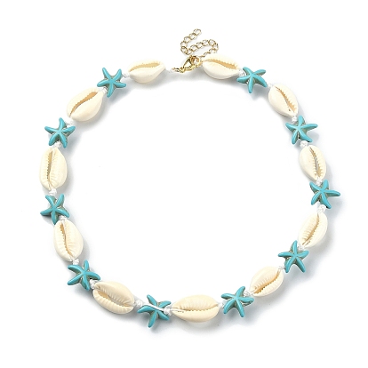 Collier de perles d'étoile de mer turquoise synthétique et coquillage naturel avec fermoirs en acier inoxydable
