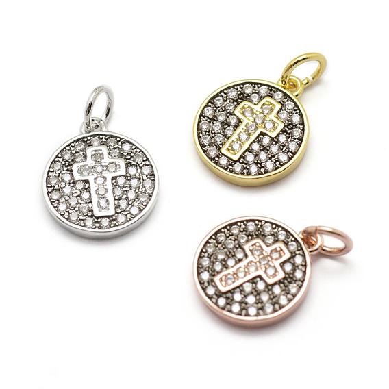 Brass Micro Pave AAA Cubic Zirconia Charms, Cadmium Free & Nickel Free & Lead Free, Flat Round with Cross