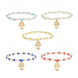 Bracelet extensible en perles de verre avec 304 breloque main hamsa en acier inoxydable pour femme