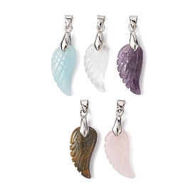 Natural Mixed Stone Pendants, Wing Charms with Platinum Plated Brass Ice Pick Pinch Bails
