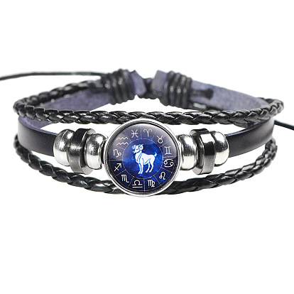 12 Constellation Leather Cord Bracelets, with Alloy Beads and Wax Cord, Flat Round