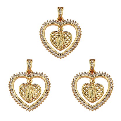 3Pcs Religion Theme Brass Micro Pave Clear Cubic Zirconia Pendants, Heart with Statue of Jesus Christ
