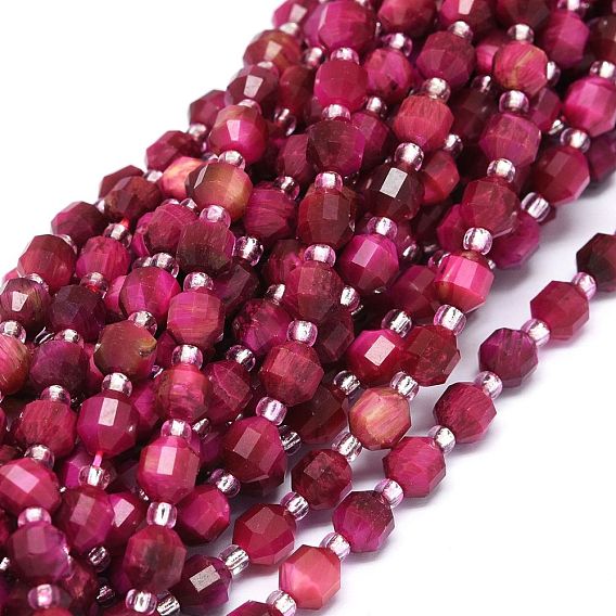 Natural Tiger Eye Beads Strands, Dyed & Heated, with Seed Beads, Faceted, Bicone, Double Terminated Point Prism Beads