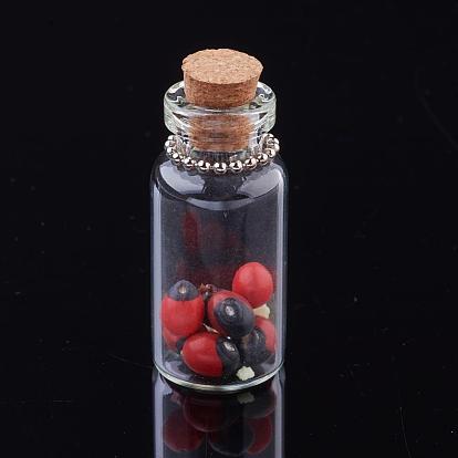 Verre souhaitant bouteille décorations pendentif, avec bouchon en liège et jequirity