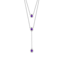 SHEGRACE 925 Sterling Silver Two-Tiered Necklaces, with Three Round Purple AAA Cubic Zirconia Pendant