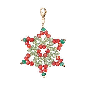 Christmas Snowflake Electroplate Glass Bead Woven Pendant Decorations, with 304 Stainless Steel Lobster Claw Clasps