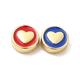 Real 18K Gold Plated Brass Enamel Beads, Flat Round with Heart