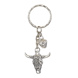 Tibetan Style Alloy Bull Head Kcychain, with Iron Findings and Iron Bells Charm