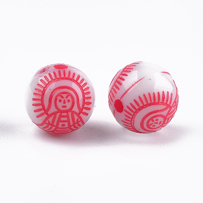 Perles acryliques de style artisanal, rond avec guan yin, déesse de la miséricorde