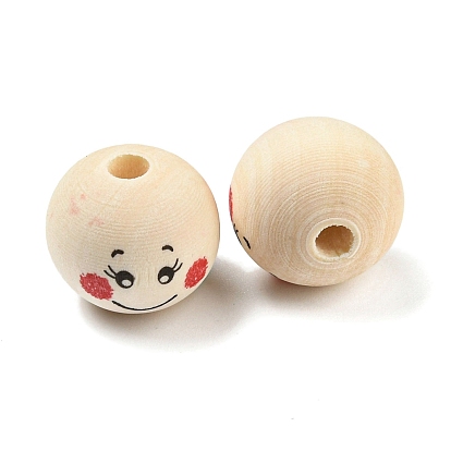Printed Wood European Beads, Wooden Large Hole Round Beads with Smiling Face Print, Undyed