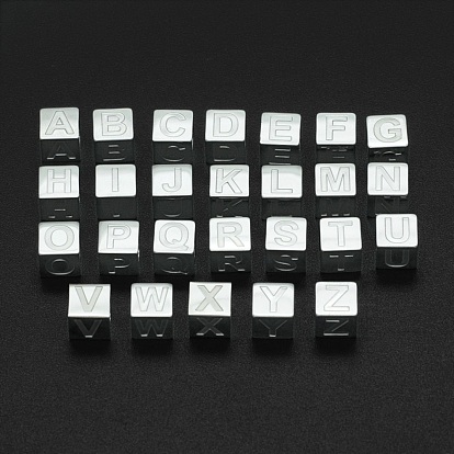 201 acier inoxydable perles européennes, Perles avec un grand trou   , trou horizontal, cube avec la lettre