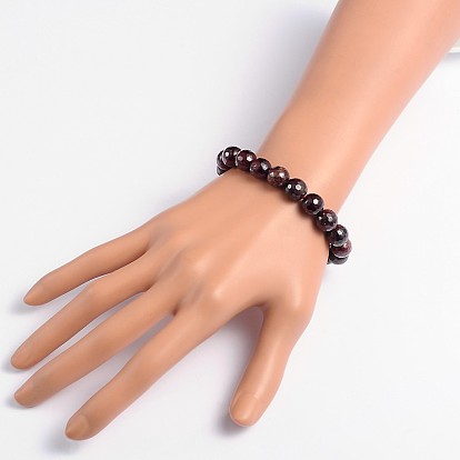 Faceted Natural Garnet Round Bead Stretch Bracelets, 53mm