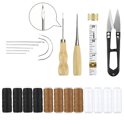 Kit d'outils de travail du cuir, y compris les aiguilles à coudre, fil ciré, poinçon et règle et dé à coudre, pour bricolage en cuir