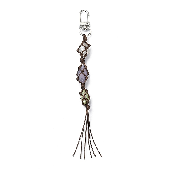 Decoraciones colgantes de borla de bolsa de macramé de cristal de cuarzo natural, con cierres giratorios de aleación y adornos de borlas de cordón de poliéster
