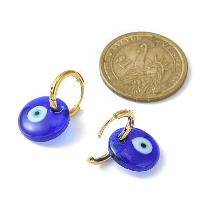 Blue Lampwork Evil Eye Dangle Hoop Earrings, 304 Stainless Steel Jewelry