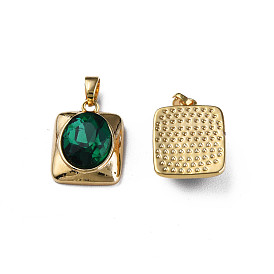Brass Cubic Zirconia Pendants, with Brass Snap on Bails, Real 18K Gold Plated, Nickel Free, Rectangle