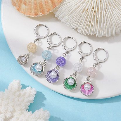 304 Stainless Steel Pendant Decoration, with Alloy Charms and Glass Bead, Shell Shape
