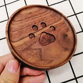 Black Walnut Wood Cup Mats, Round Coaster with Tray & Carved Bear Paw Print