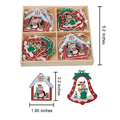 Christmas Wooden Ornaments Set, 12 Pcs Wooden Pendants Kit Hanging Ornaments, for Christmas Tree Door and Party Gift Decoration, Bell and House