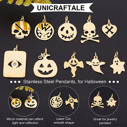 Unicraftale 10Pcs 10 Style 304 & 316 Surgical Stainless Steel  Pendants, with Jump Rings and Rhinestone, Halloween Theme, Mixed Shape