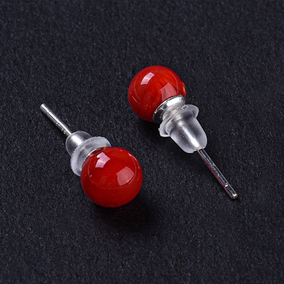 Round Lampwork Ball Stud Earrings, with Platinum Plated Brass Findings, Plastic Dropper and Ear Nuts