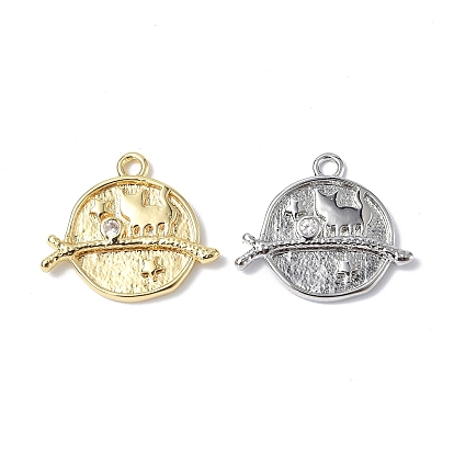 Brass Micro Pave Cubic Zirconia Pendants, Cat with Flower Window/Planet Charm