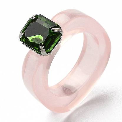 Resin Finger Rings, with Plastic Rhinestone, Rectangle, Platinum