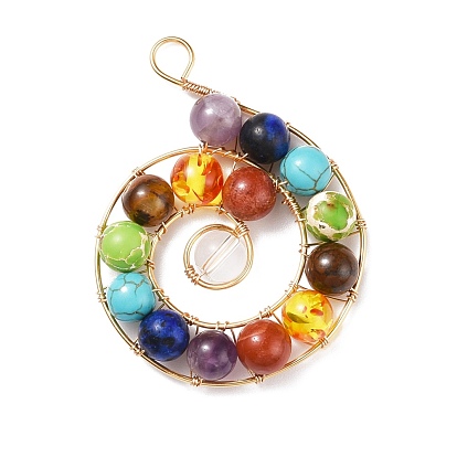 Natural & Synthetic Mixed Gemstone Big Pendants, with Resin Imitation Amber Beads and Copper Wire Wrapped, Vortex