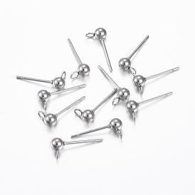 304 Stainless Steel Stud Earring Findings, with Loop, Round