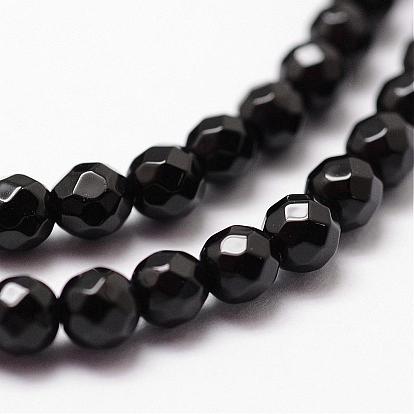Brins de perles d'onyx noir naturel, Grade a, facette, ronde