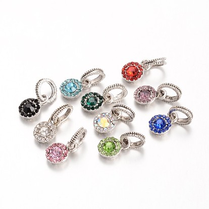 Antique Silver Plated Alloy Rhinestone European Dangle Charms, Flat Round Large Hole Pendants, 19mm, Hole: 6mm