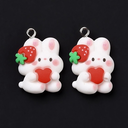 Resin Pendants, with Platinum Iron Findings, Cute, Rabbit with Strawberry